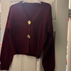 Chic Burgundy Cardigan with Gold Accents